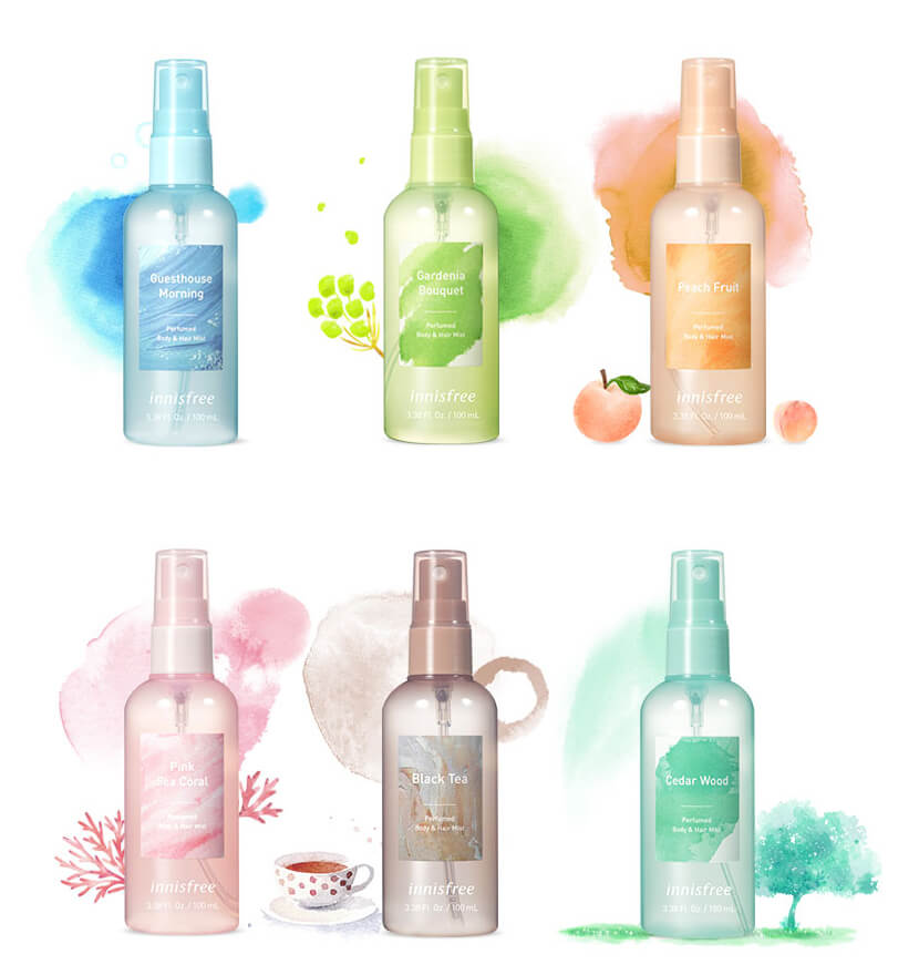 Innisfree Body & Hair Mist  มาด้วยกัน 5 กลิ่น  Guesthouse Morning  / Gardenia Bouquest  / Peach Fruit  / Pink Sea Coral / Black Tea  / Cedar Wood  