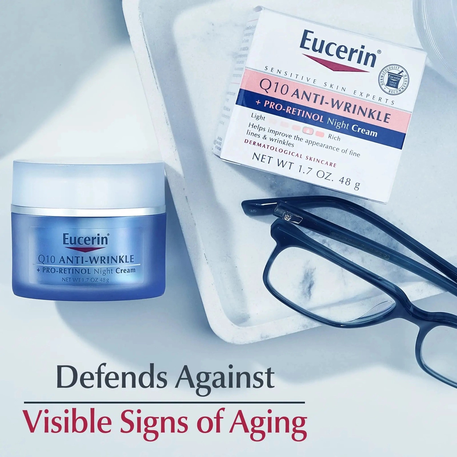 Eucerin Q10 Anti-Wrinkle + Pro-Retinol Night Cream 48 g ครีมบำรุงผิวหน้าสูตรกลางคืน  เนื้อครีมเข้มข้น แต่ไม่เหนียวเหนอะหนะ เหมาะสำหรับเวลากลางคืน